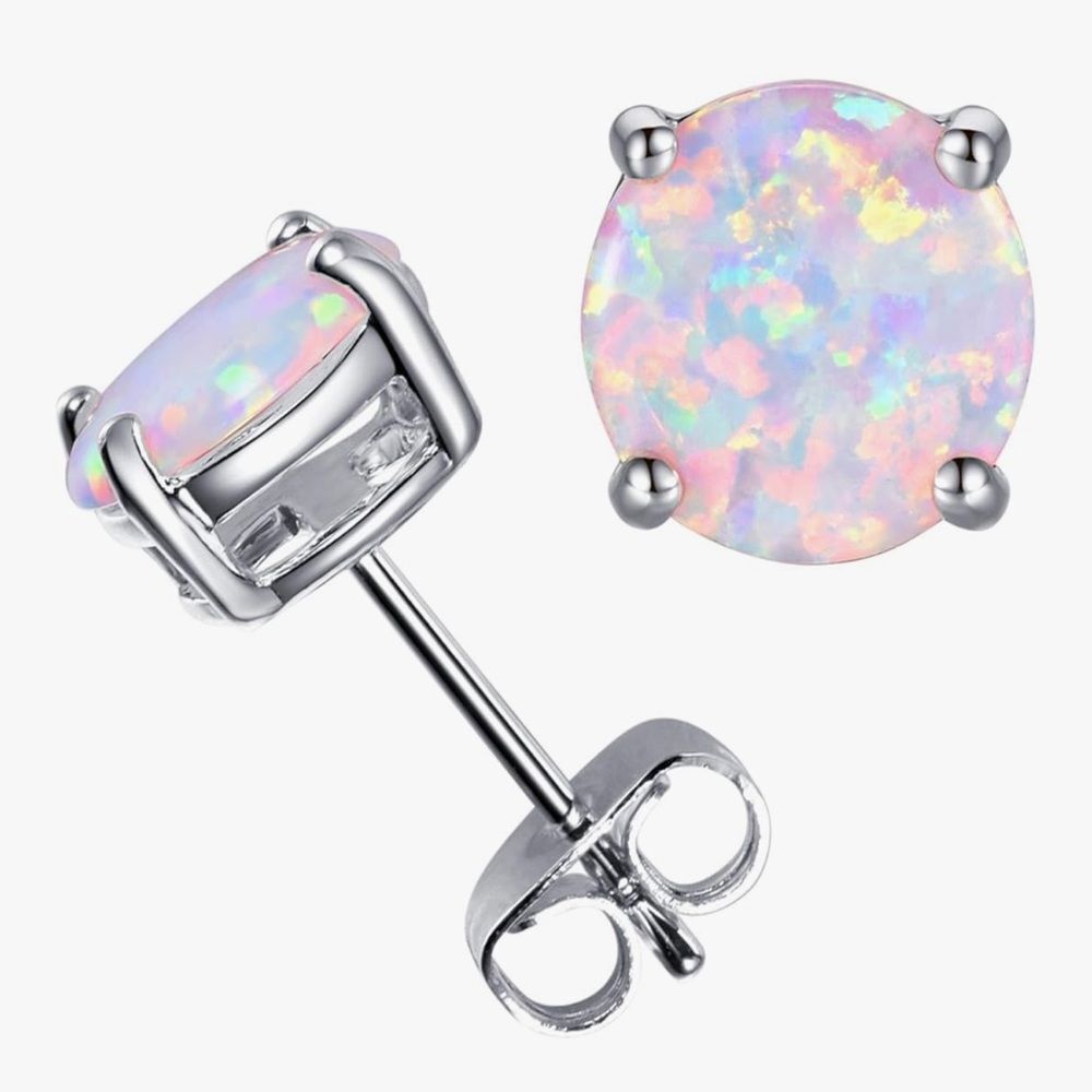 NEW 18K Gold Plated Stainless Steel Post Elegant Silver Opal Stud Earrings